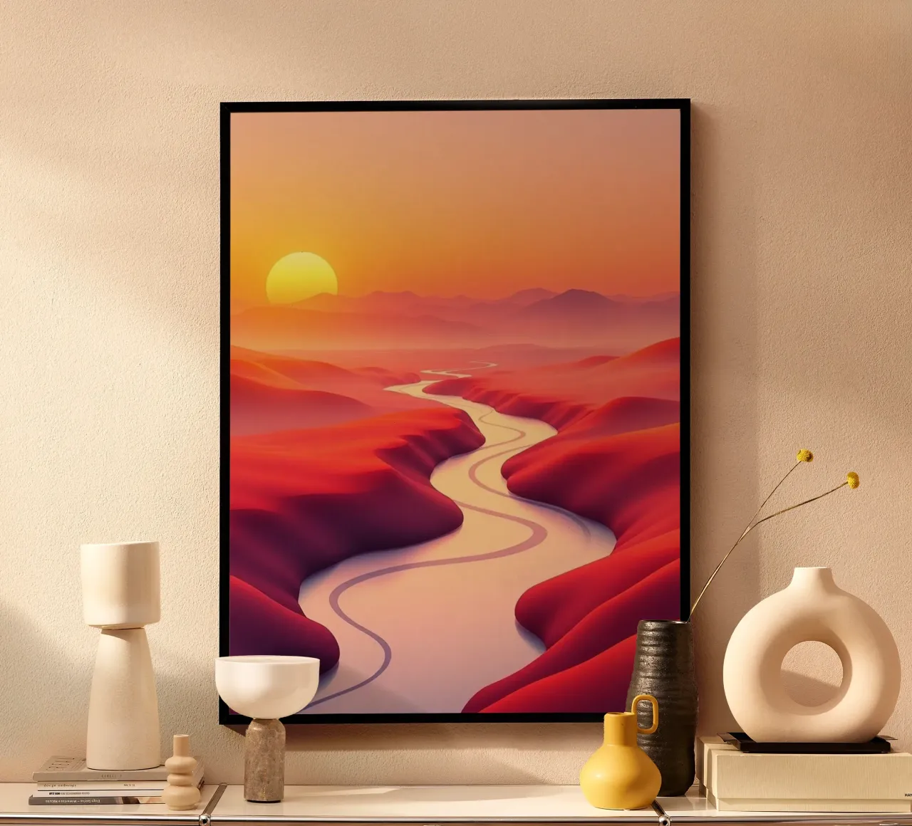 Serenità all'alba: Un fiume tortuoso attraverso il deserto cremisi poster con telaio in plastica da Artistic-shop