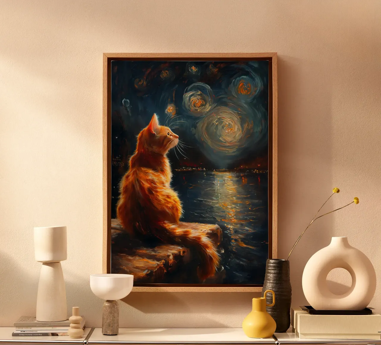 Ginger Cat Notte stellata tela con Cornice a cassetta da Stellar Creative