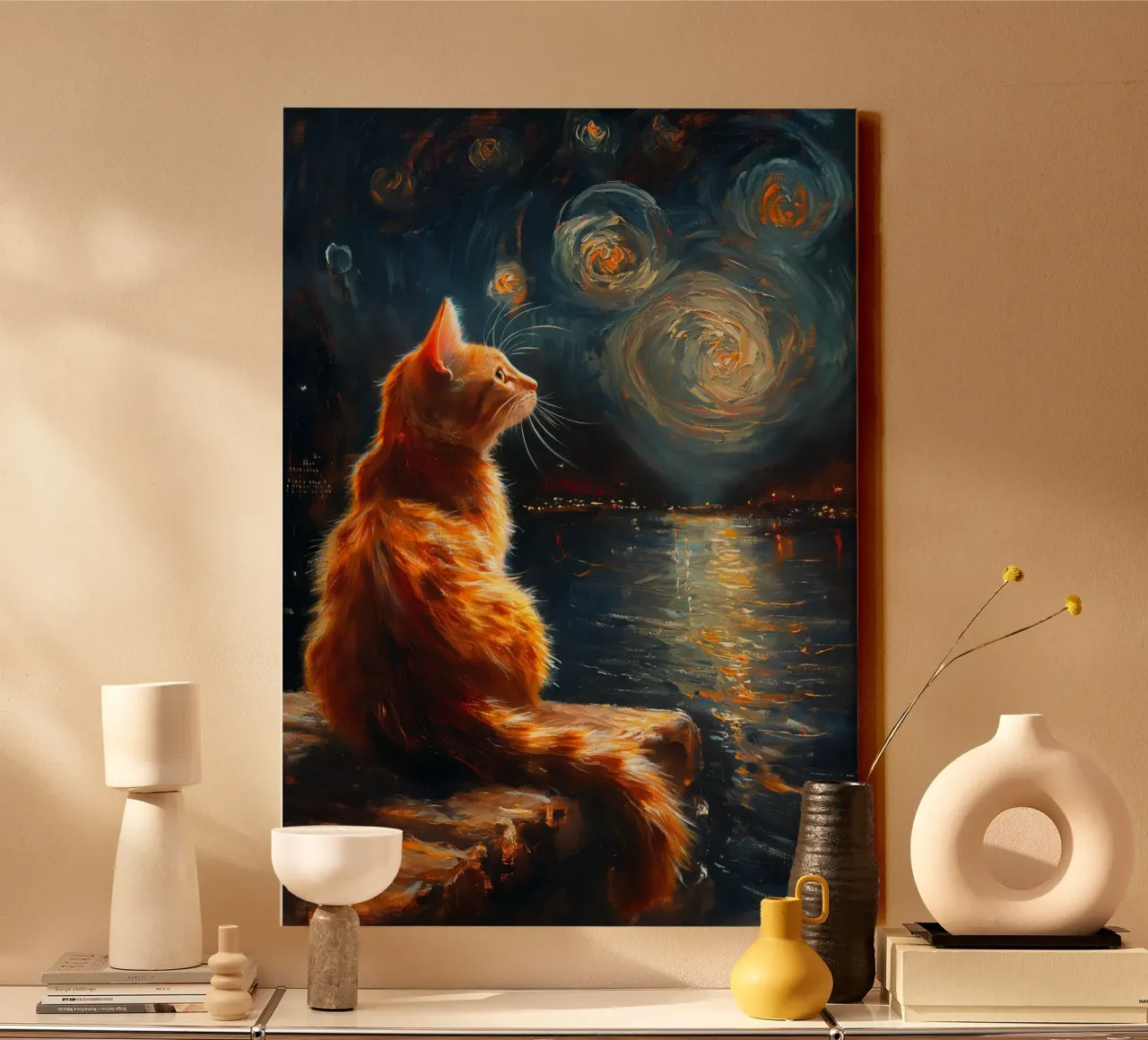 Ginger Cat Notte stellata tela con Cornice a cassetta da Stellar Creative