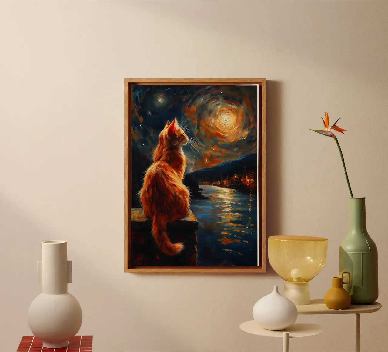 Ginger Cat Notte stellata tela con Cornice a cassetta da Stellar Creative
