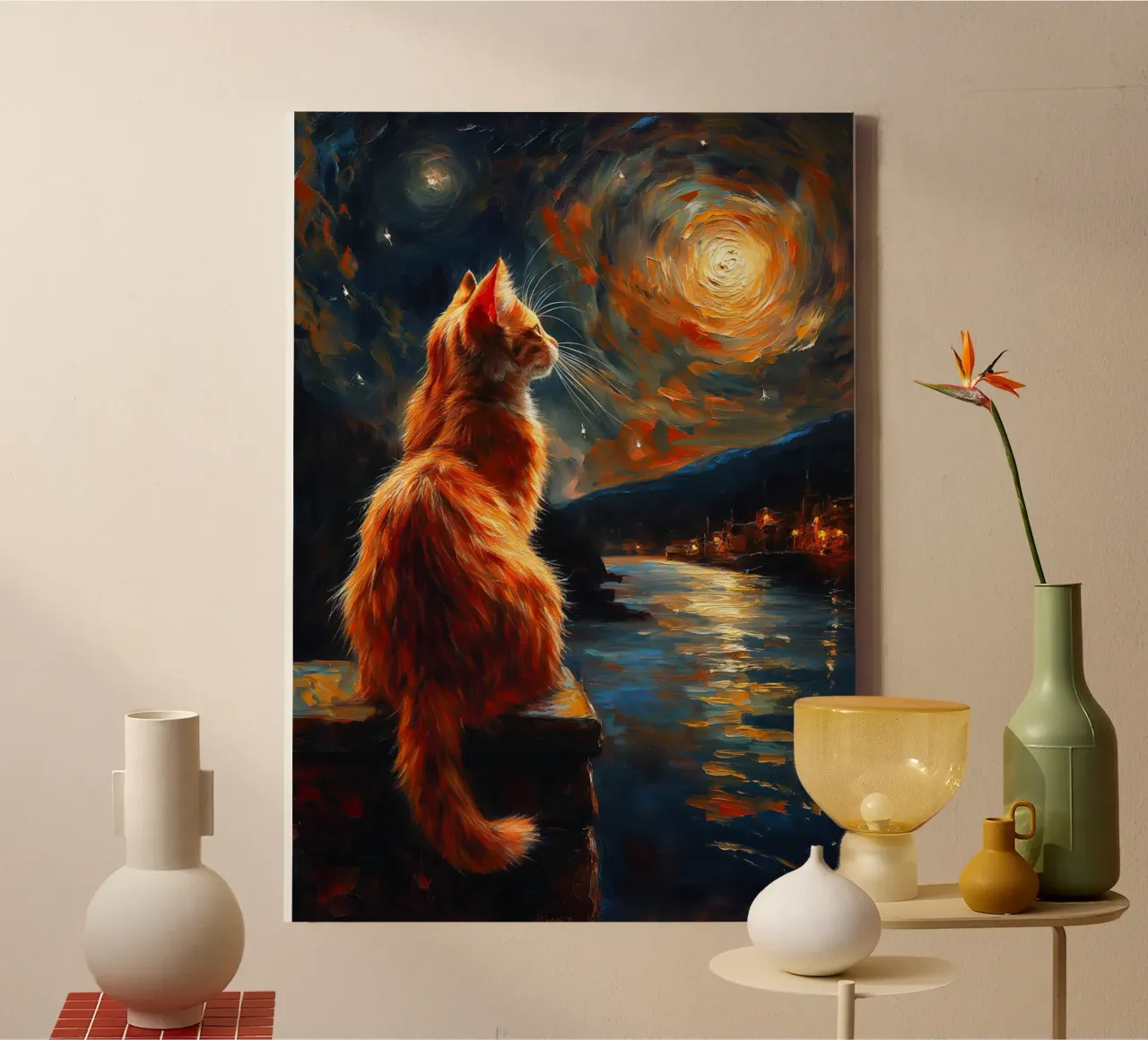 Ginger Cat Notte stellata tela con Cornice a cassetta da Stellar Creative