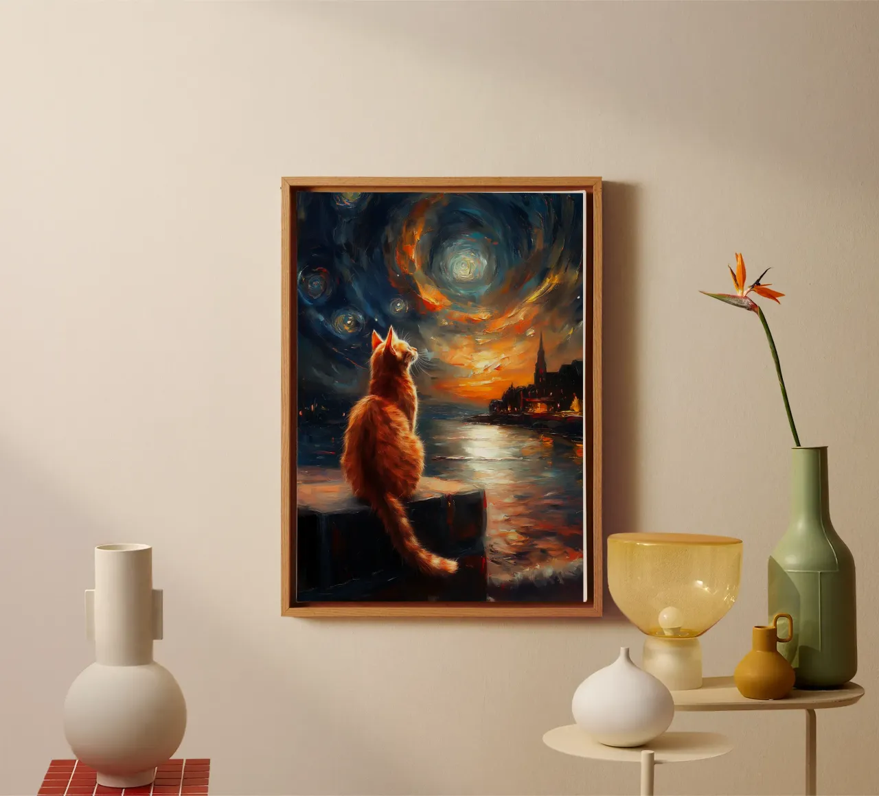 Ginger Cat Notte stellata tela con Cornice a cassetta da Stellar Creative