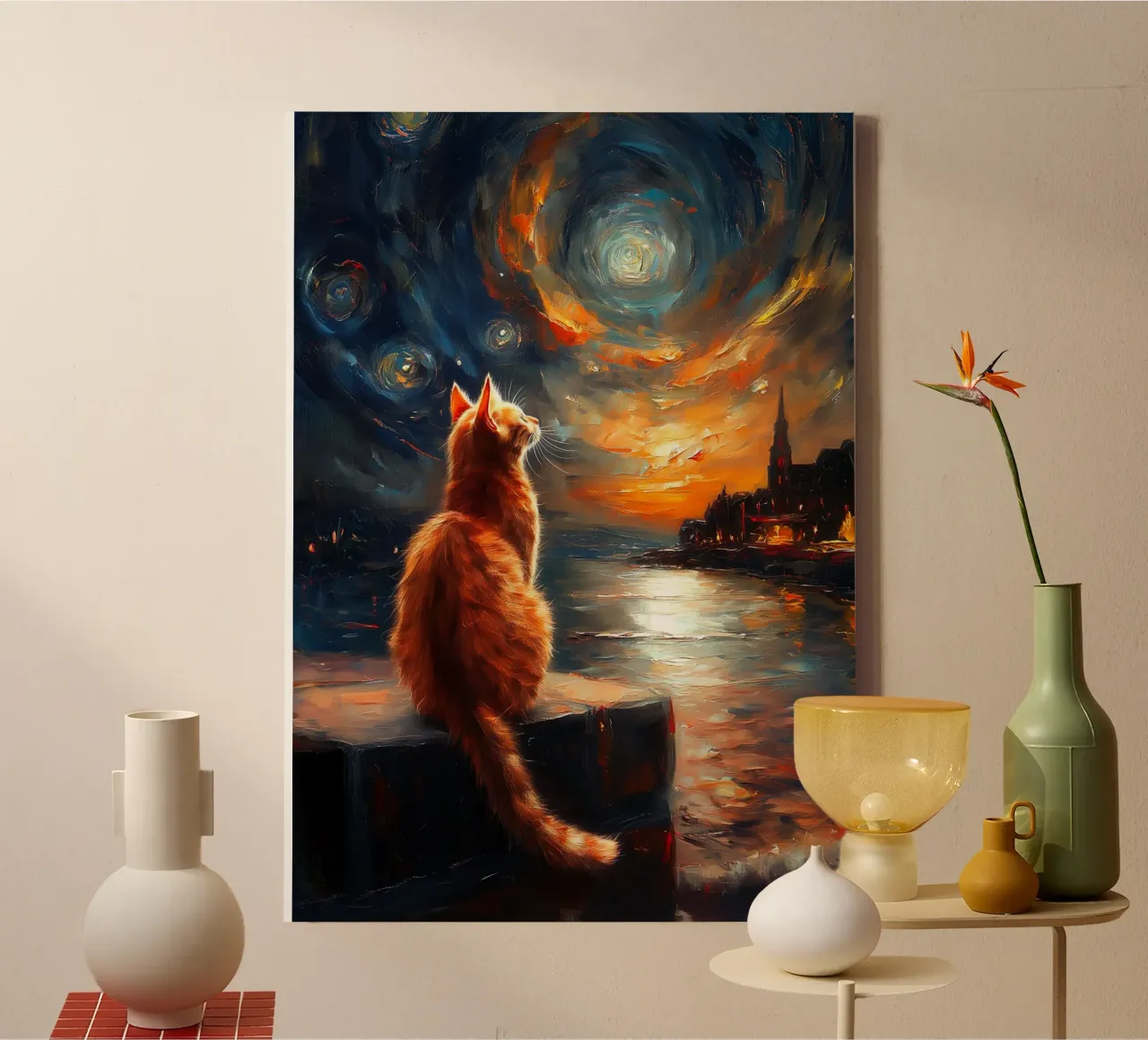 Ginger Cat Notte stellata tela con Cornice a cassetta da Stellar Creative