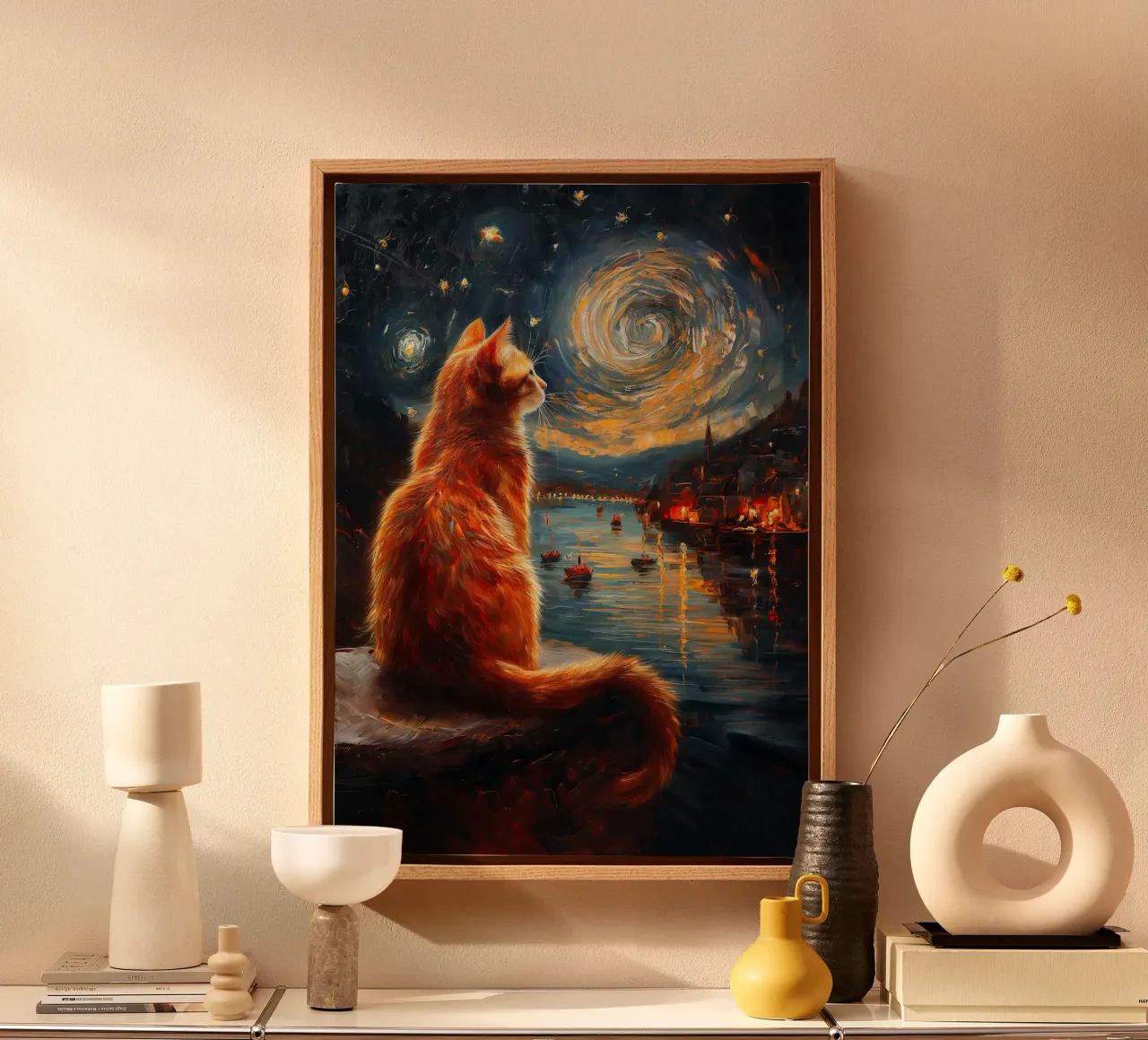 Ginger Cat Notte stellata tela con Cornice a cassetta da Stellar Creative