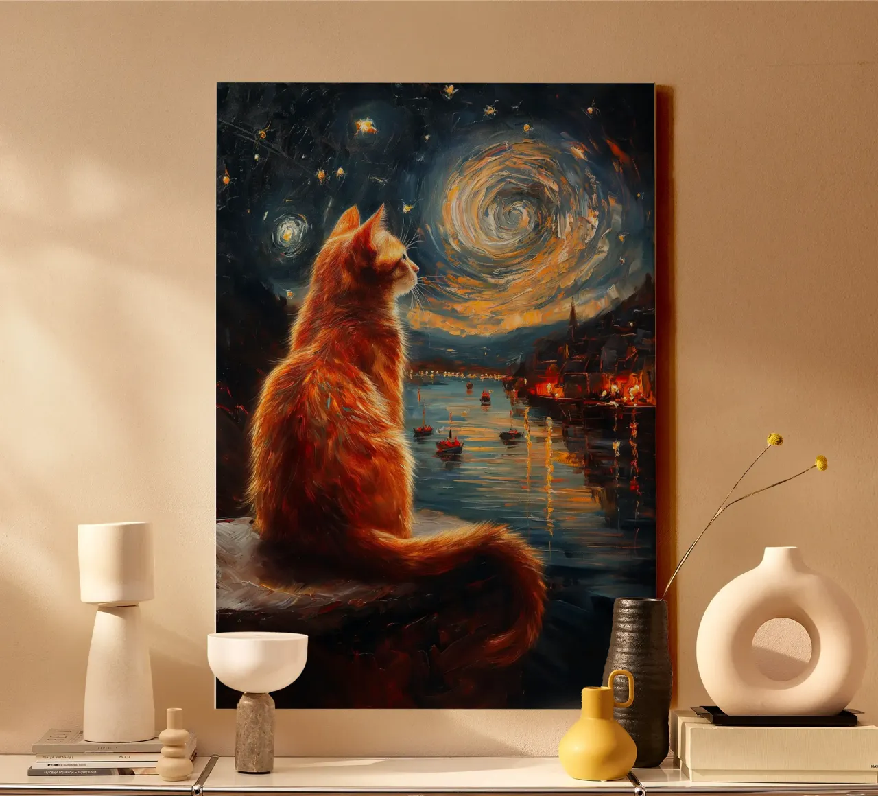 Ginger Cat Notte stellata tela con Cornice a cassetta da Stellar Creative