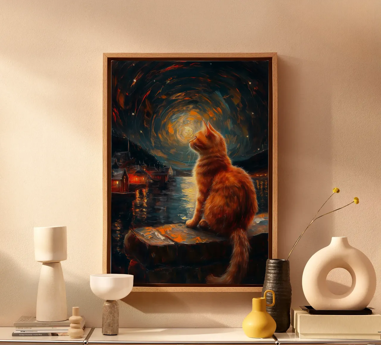 Ginger Cat Notte stellata tela con Cornice a cassetta da Stellar Creative
