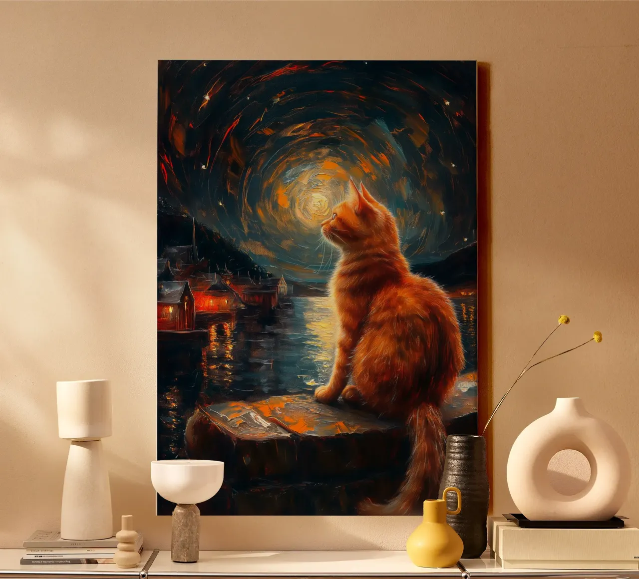 Ginger Cat Notte stellata tela con Cornice a cassetta da Stellar Creative