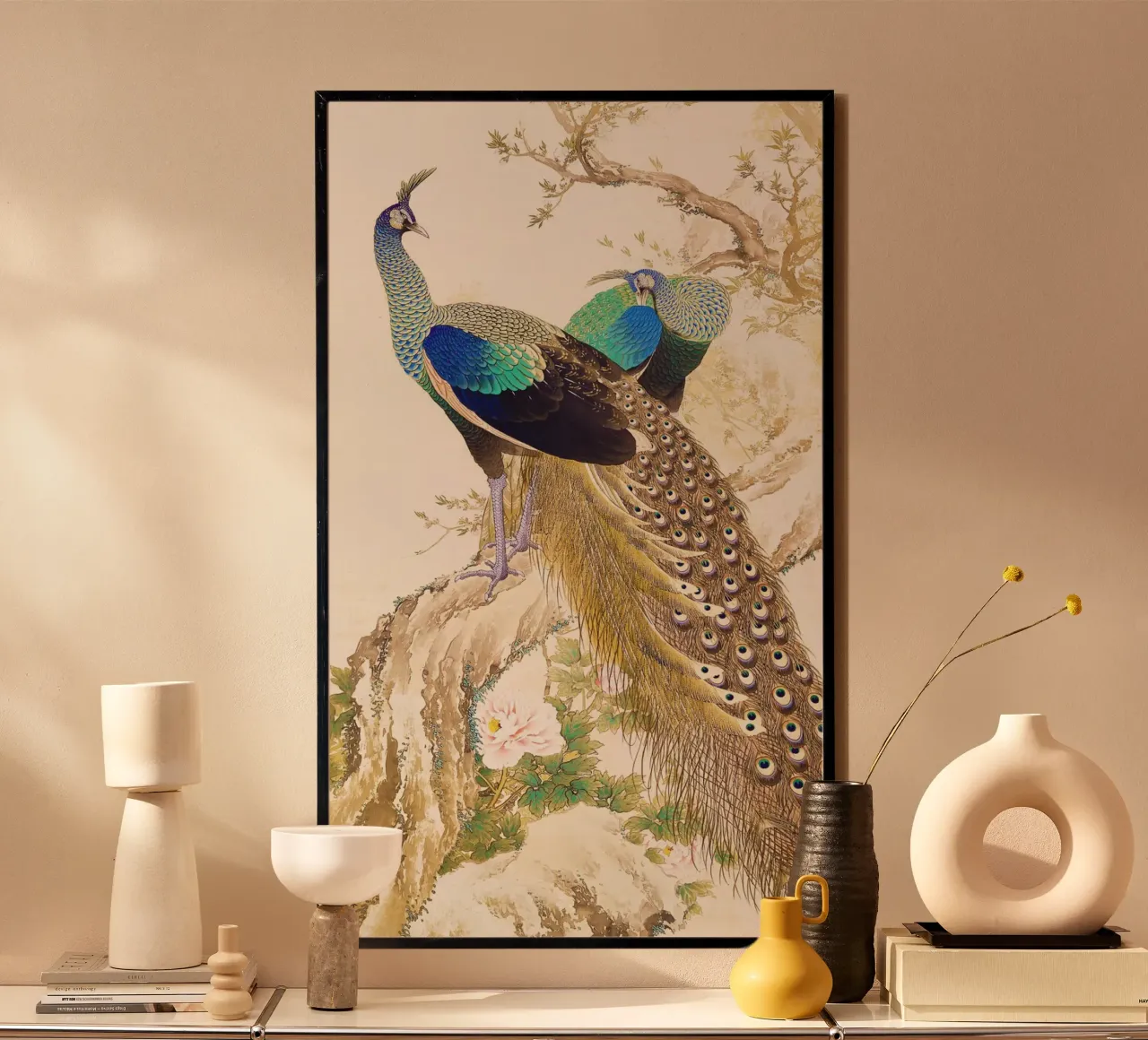 Coppia di pavoni in primavera di Imao Keinen poster con telaio in legno da Venus Art