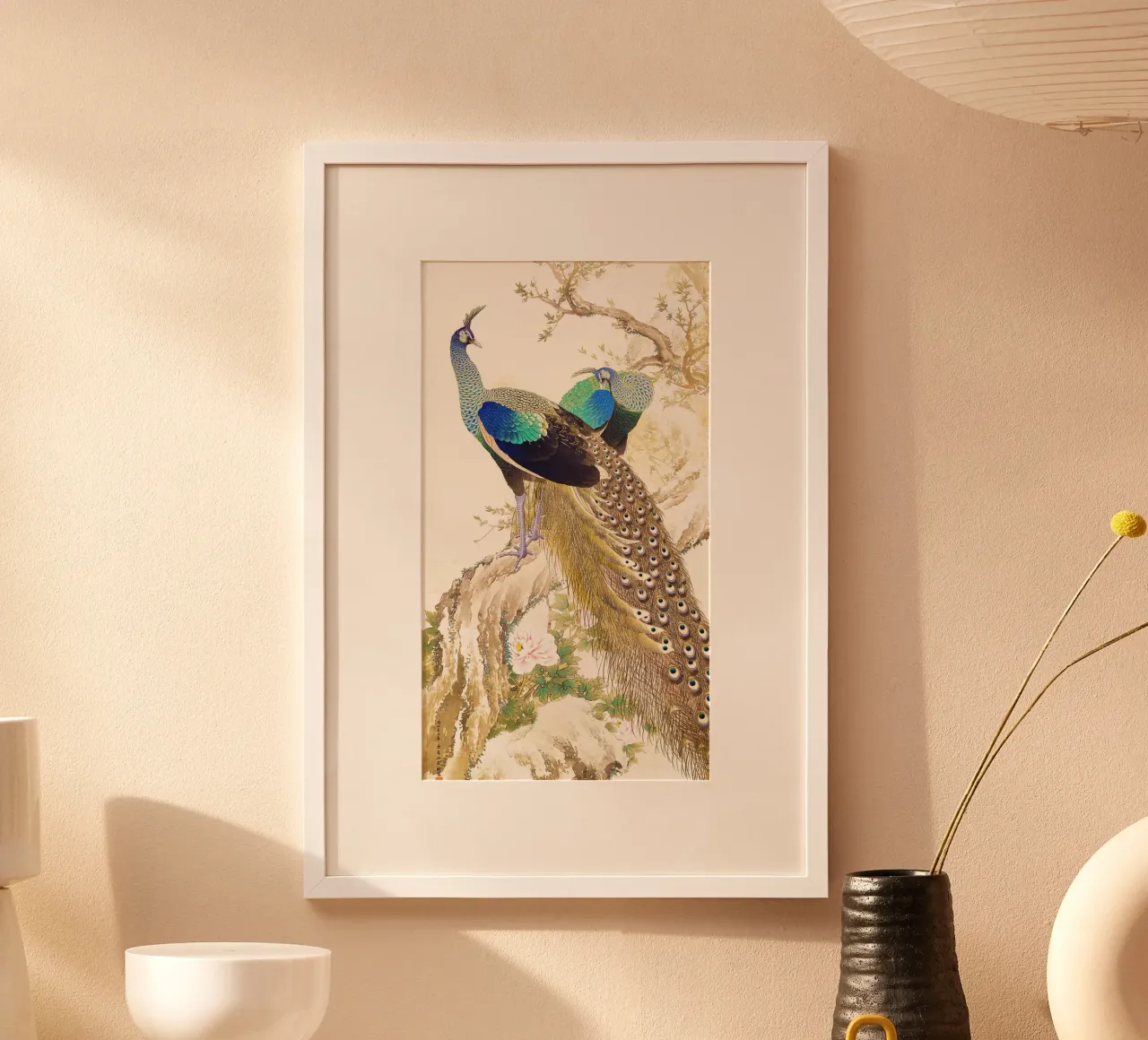 Coppia di pavoni in primavera di Imao Keinen poster con telaio in legno da Venus Art