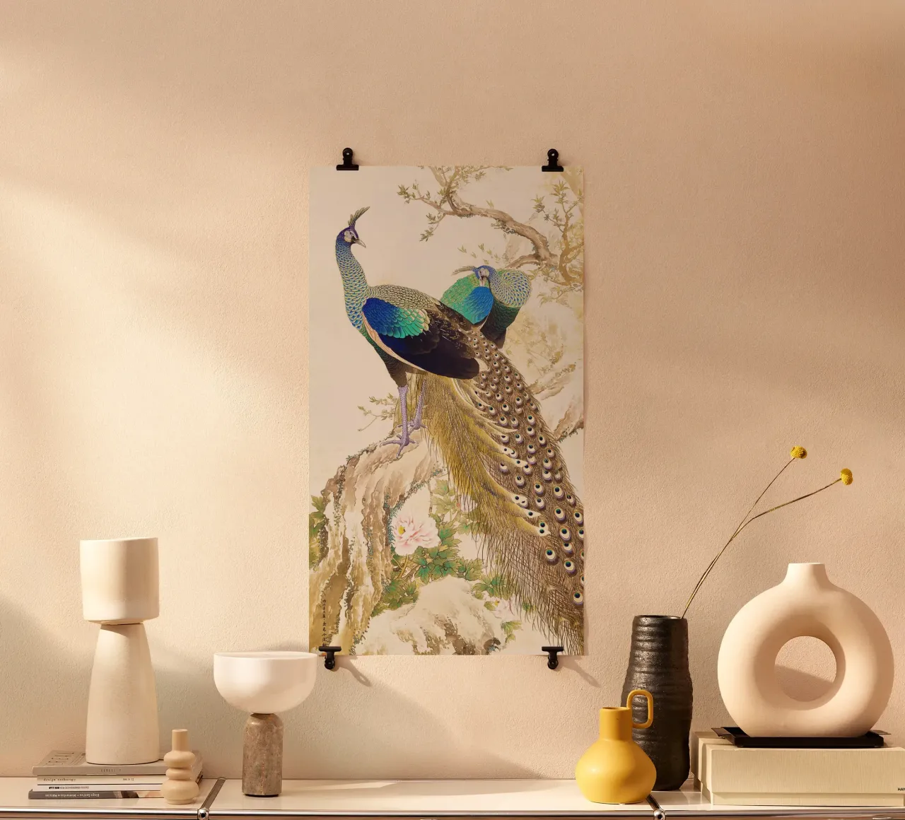Coppia di pavoni in primavera di Imao Keinen poster con telaio in legno da Venus Art