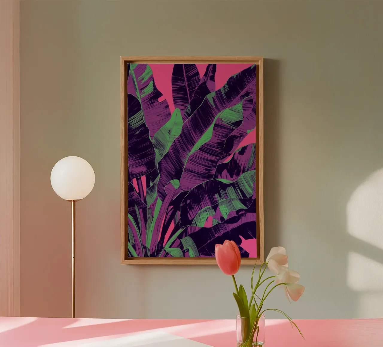 Banana Leaves with Pink Background canvas with Floater frame by DesignDoodle