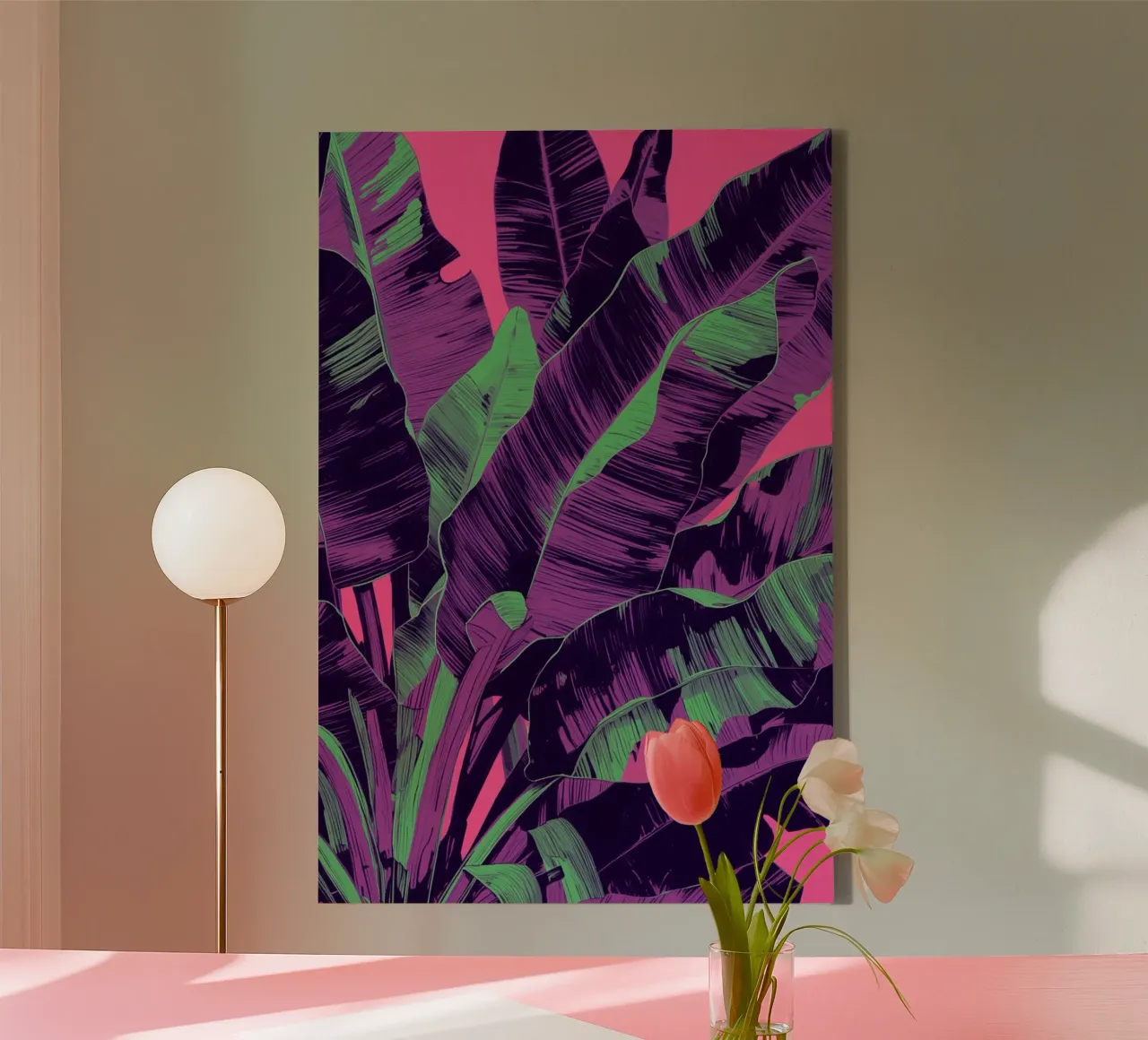 Banana Leaves with Pink Background canvas with Floater frame by DesignDoodle