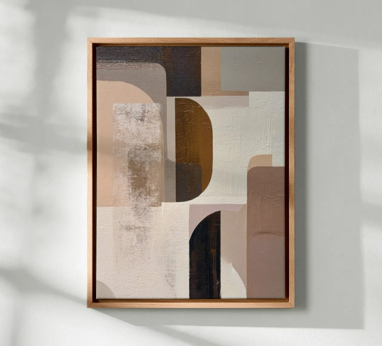 Modern Geometric Abstract Art in Neutral Tones Leinwand mit Schattenfugenrahmen von Artbyvo