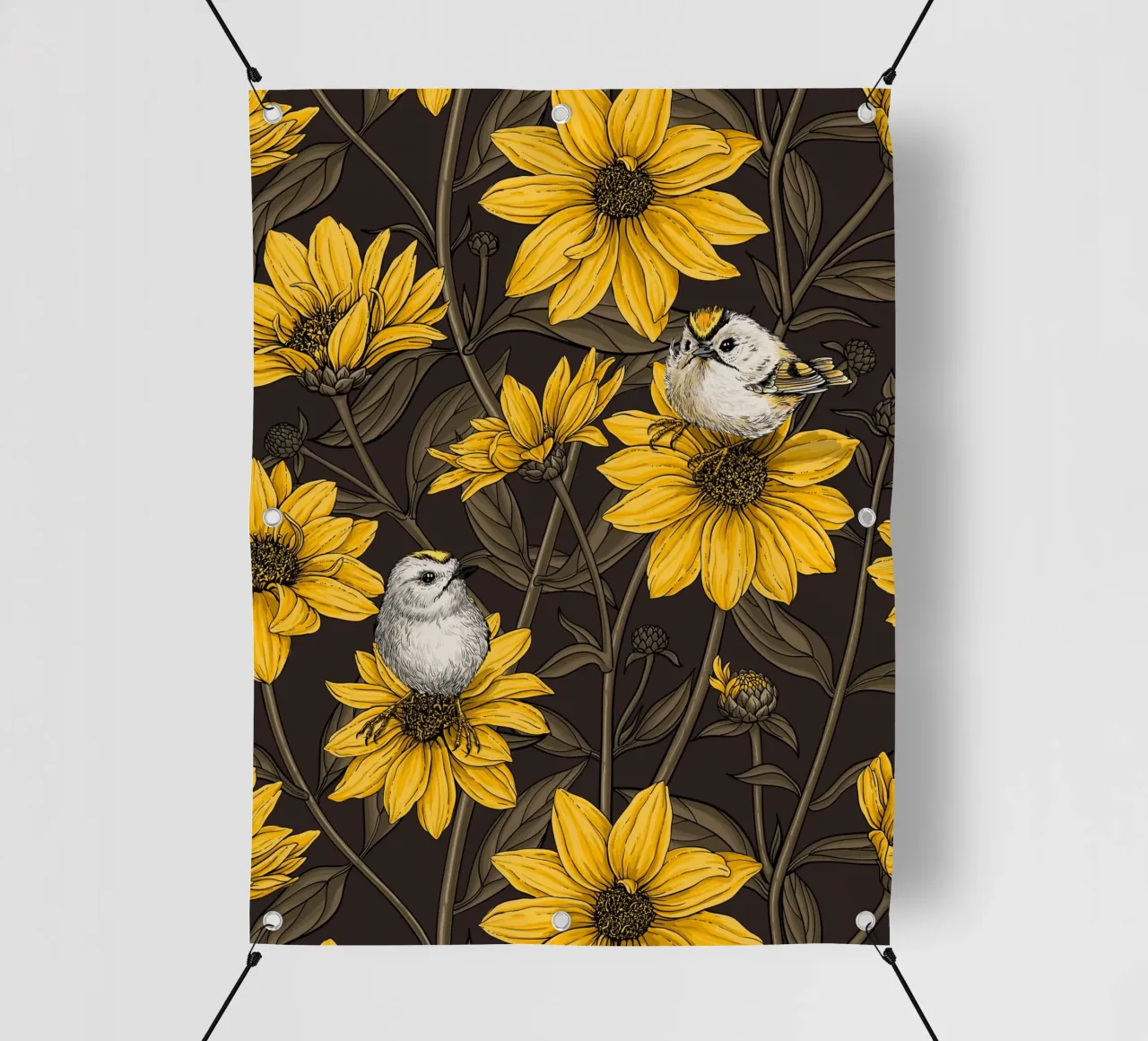 Girasoli selvatici e uccelli di tipo goldcrest/giallo e marrone telo in pvc da Painted Nature