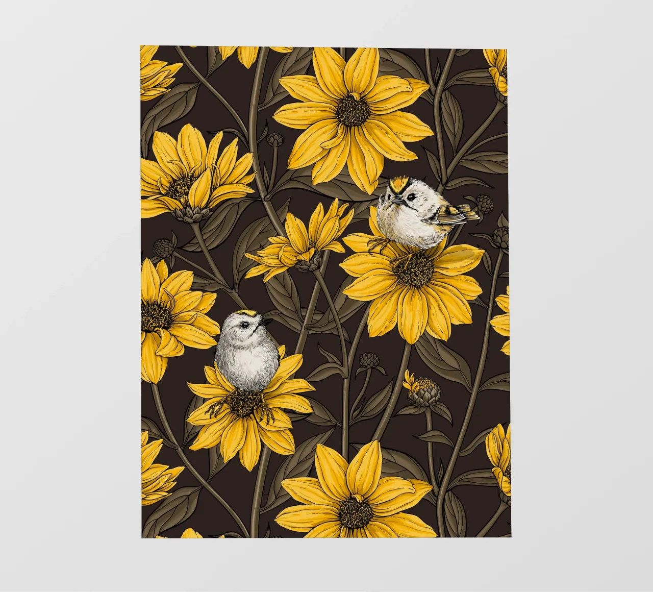 Girasoli selvatici e uccelli di tipo goldcrest/giallo e marrone telo in pvc da Painted Nature