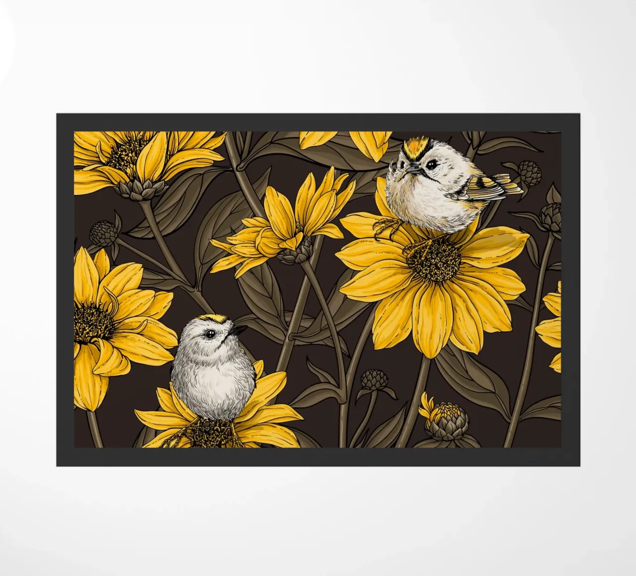Girasoli selvatici e uccelli di tipo goldcrest/giallo e marrone zerbino da Painted Nature