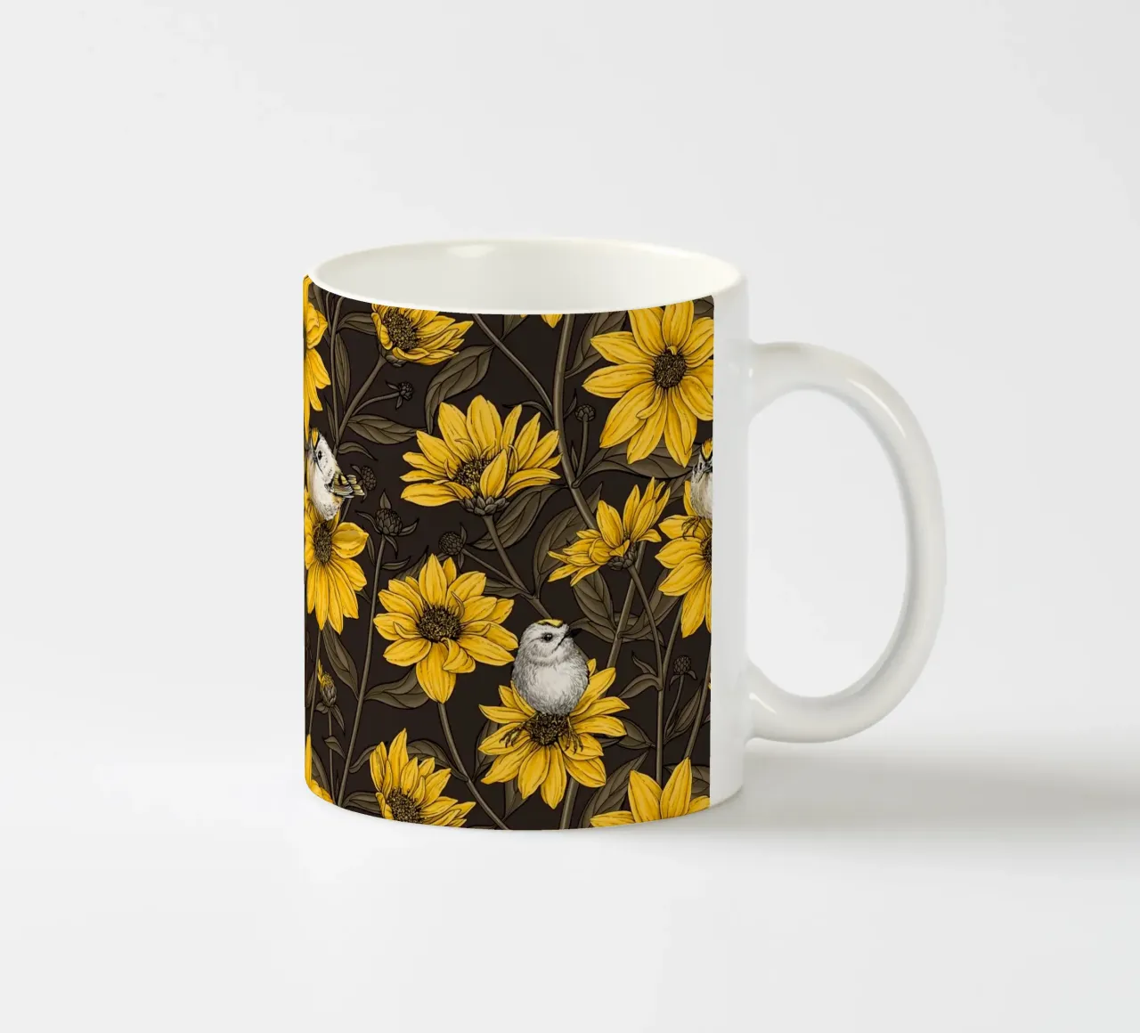 Girasoli selvatici e uccelli di tipo goldcrest/giallo e marrone tazza in ceramica da Painted Nature