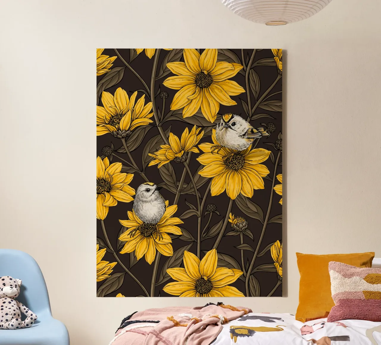 Girasoli selvatici e uccelli di tipo goldcrest/giallo e marrone tela con Cornice a cassetta da Painted Nature