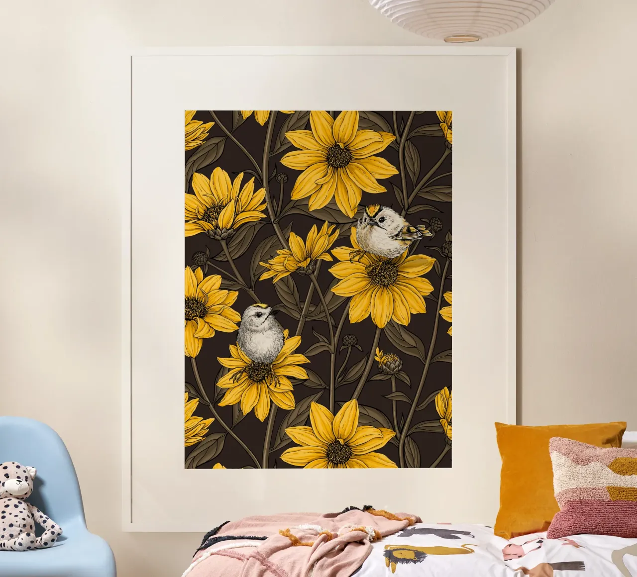 Girasoli selvatici e uccelli di tipo goldcrest/giallo e marrone poster da Painted Nature
