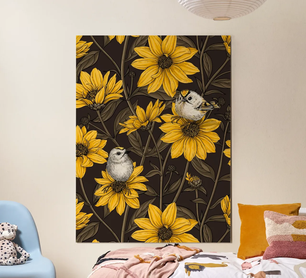 Girasoli selvatici e uccelli di tipo goldcrest/giallo e marrone poster da Painted Nature