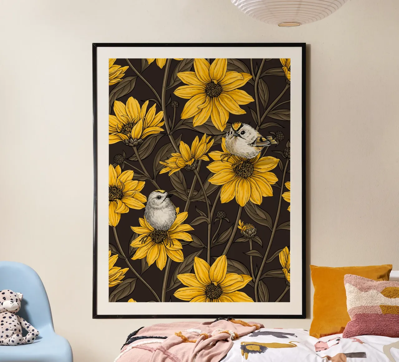 Girasoli selvatici e uccelli di tipo goldcrest/giallo e marrone poster da Painted Nature