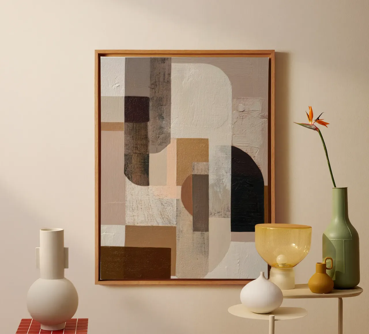 Geometric Abstract Wall Art in Warm Neutrals canvas with Floater frame by Artbyvo