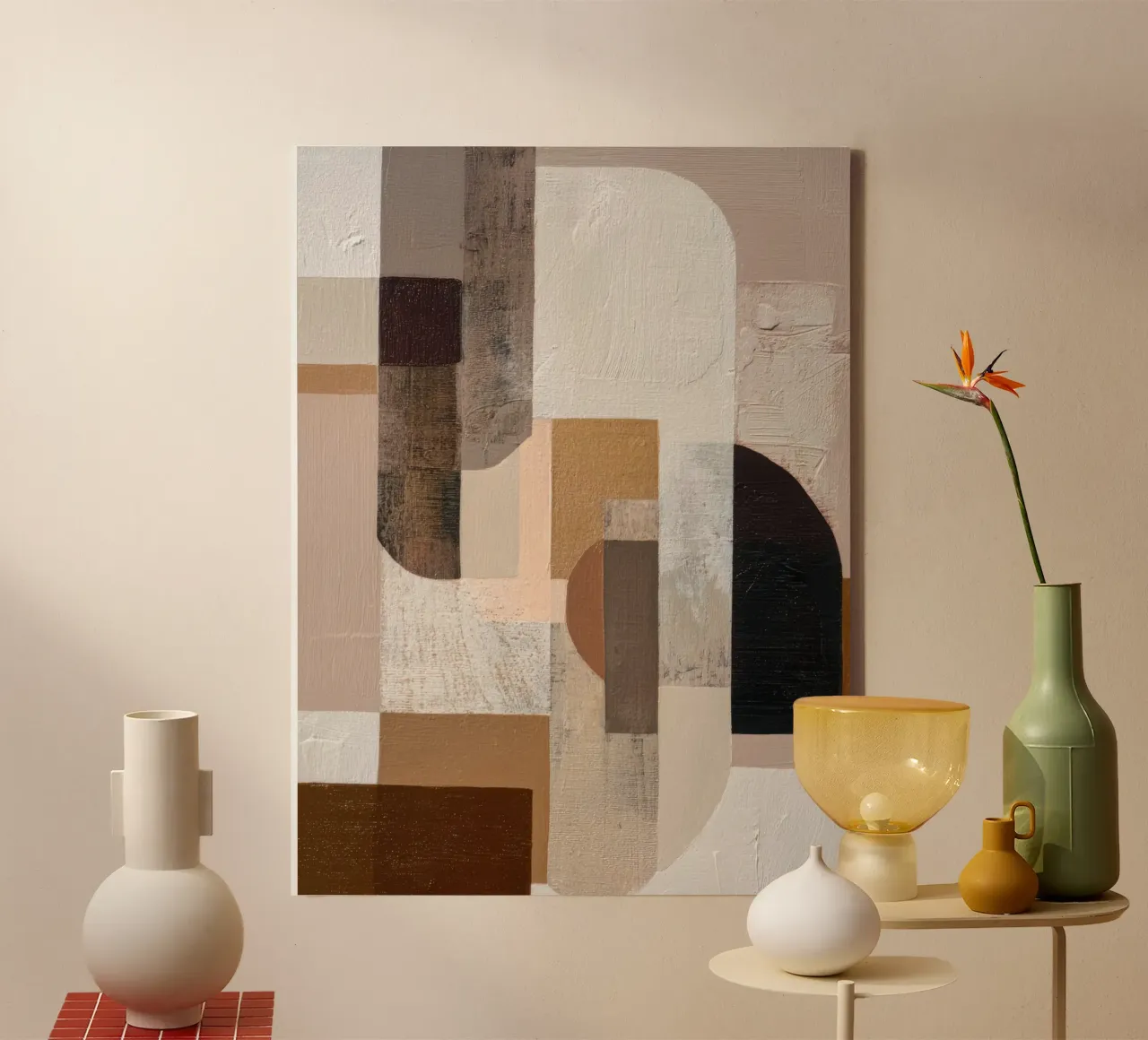 Geometric Abstract Wall Art in Warm Neutrals canvas with Floater frame by Artbyvo