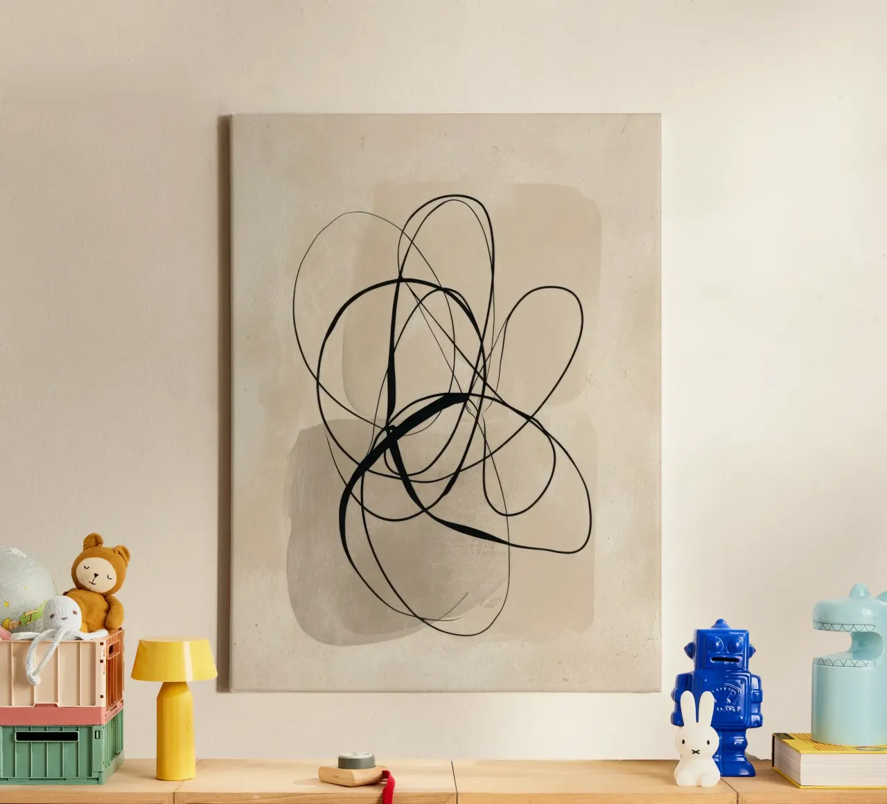 Minimal Abstract Line Art on Beige Background canvas with Floater frame by Artbyvo