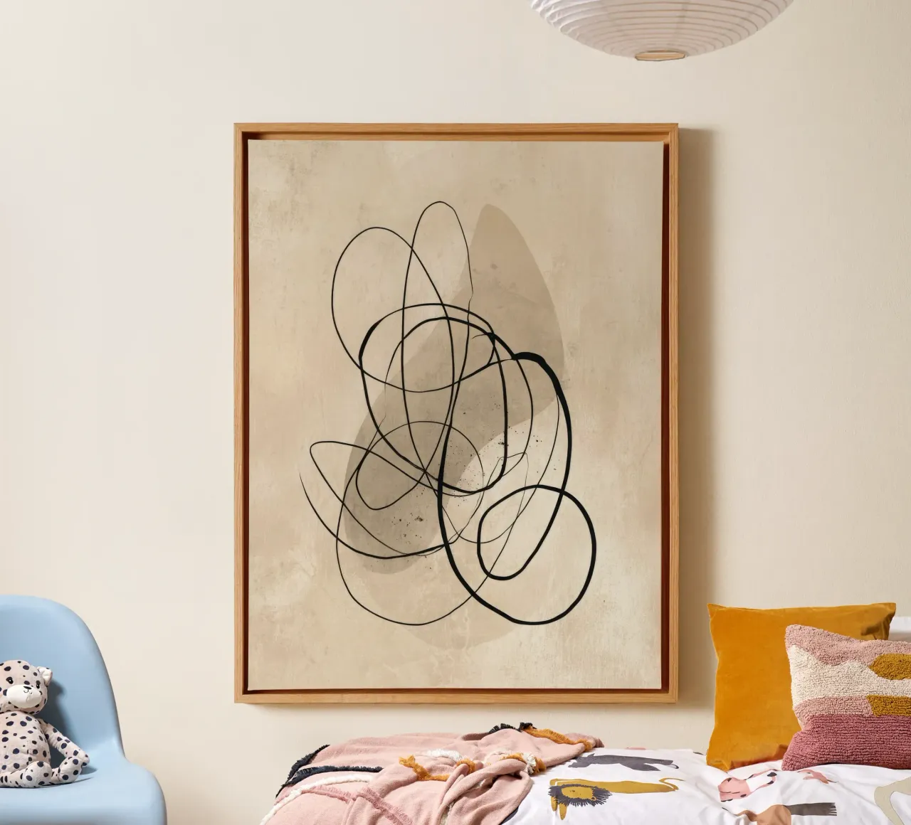 Minimalist Abstract Line Drawing on Beige Background canvas with Floater frame by Artbyvo