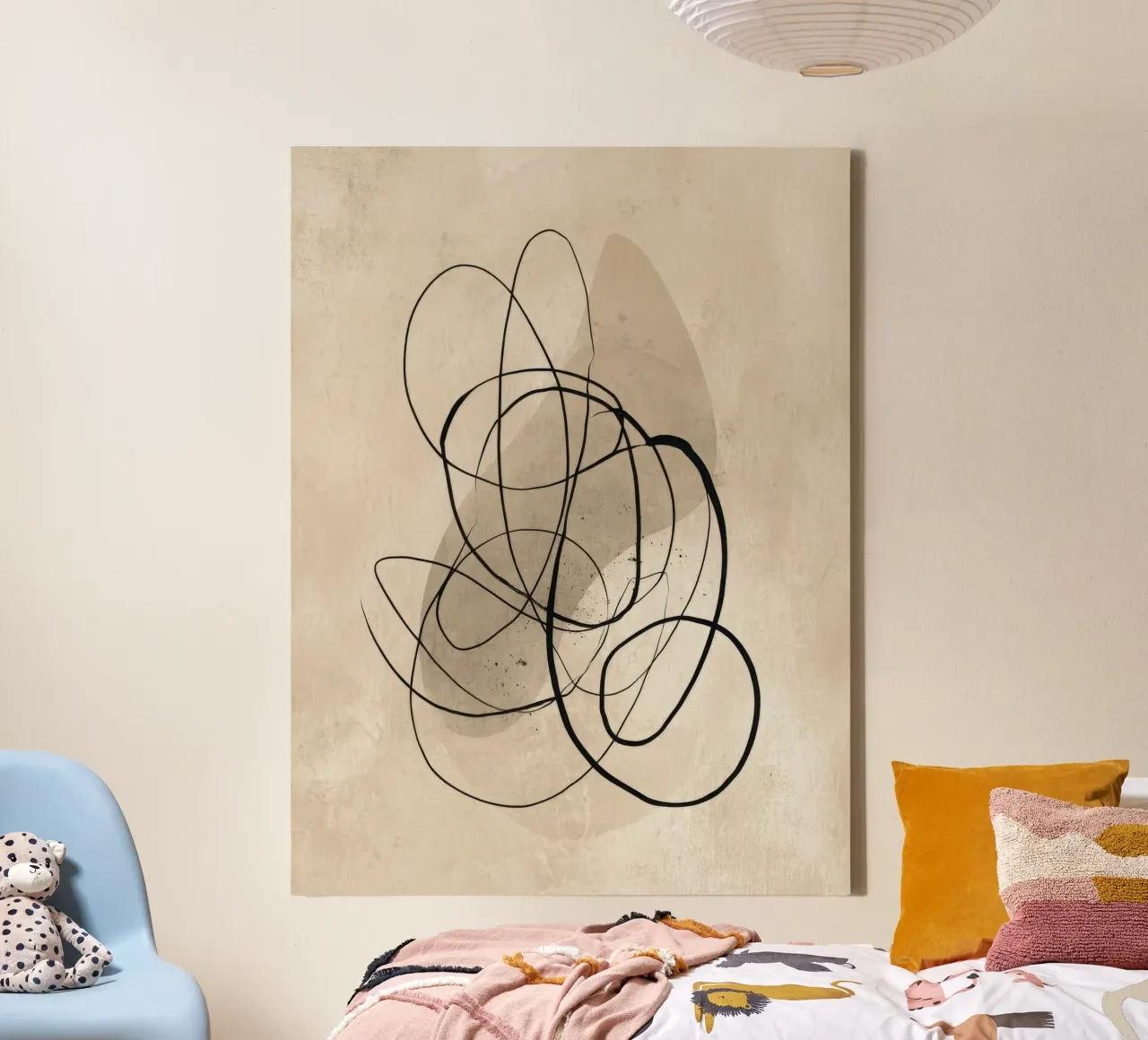 Minimalist Abstract Line Drawing on Beige Background canvas with Floater frame by Artbyvo