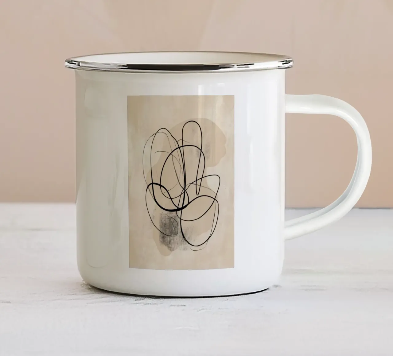 Abstract Minimal Line Art on Neutral Background enamel mug by Artbyvo