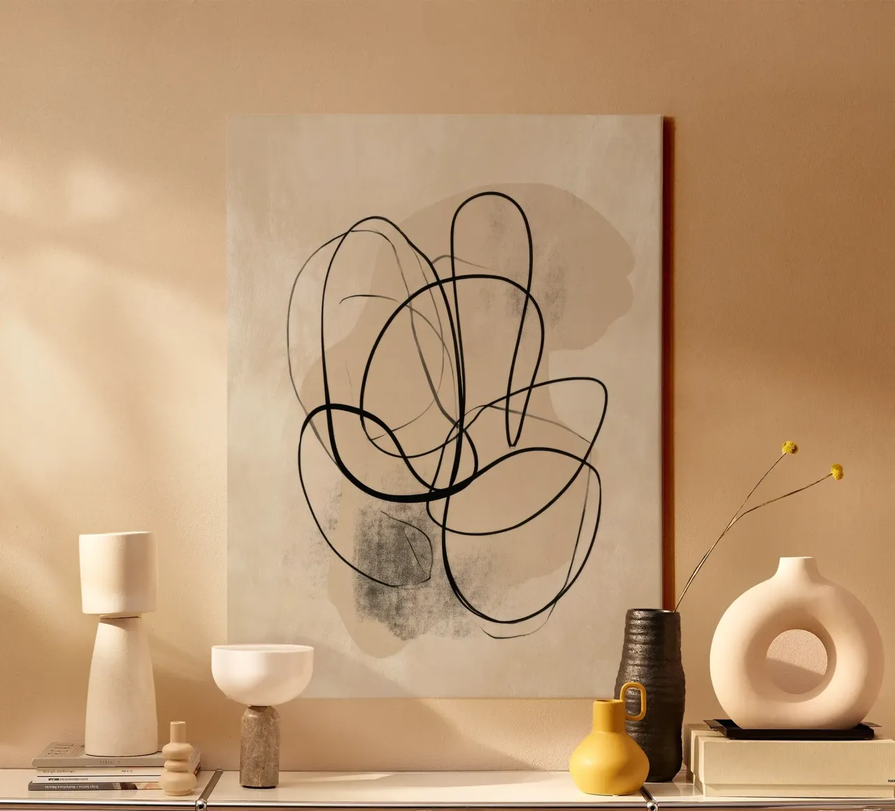 Abstract Minimal Line Art on Neutral Background canvas with Floater frame by Artbyvo