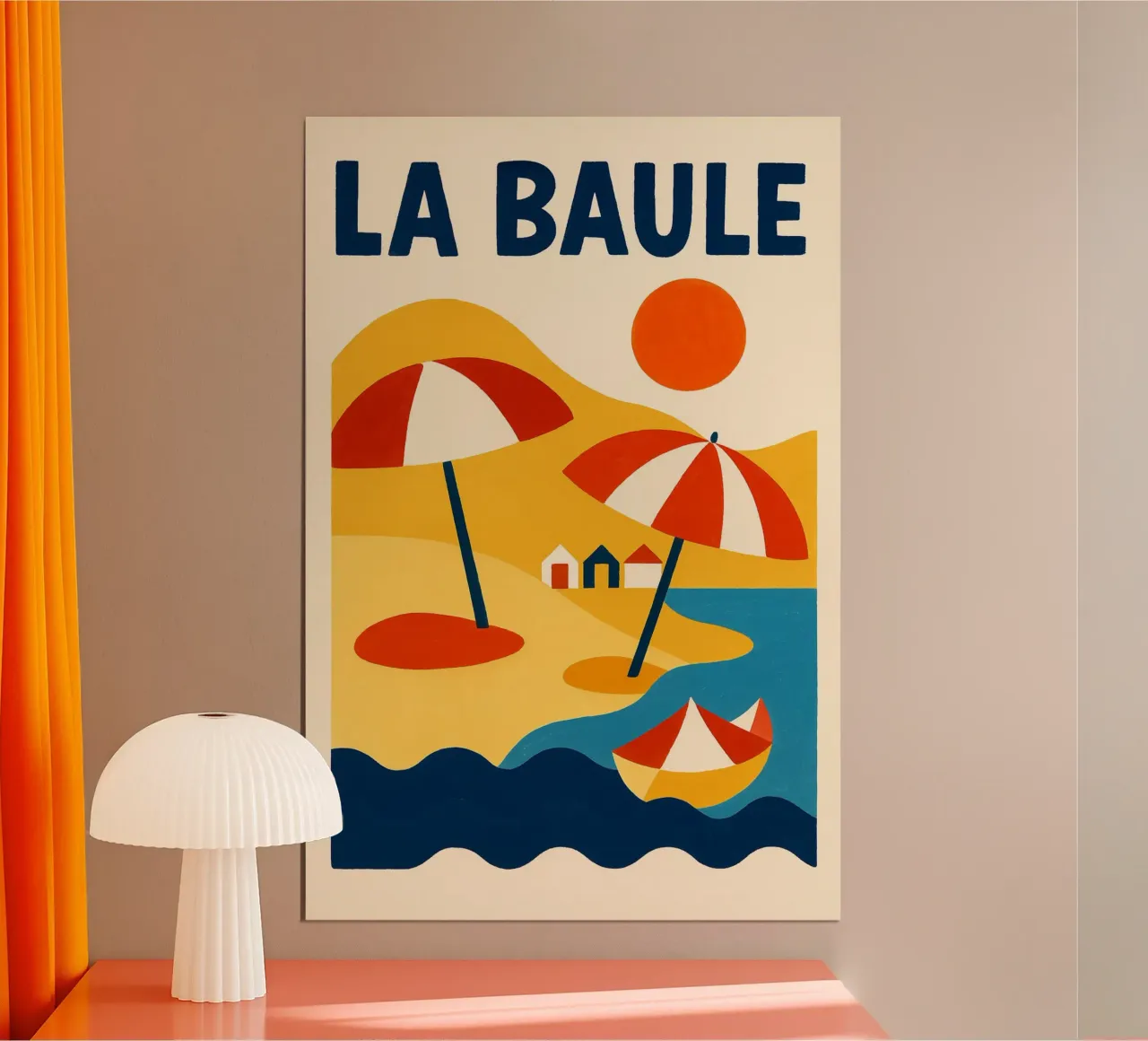 Poster retrò La Baule - spiaggia dorata e ombrelloni rossi poster con telaio in legno da JETLAG | affiches voyage
