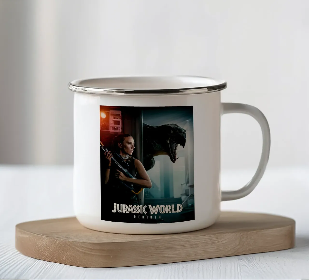 Jurassic World Rebirth tazza in smalto da Dumery Art