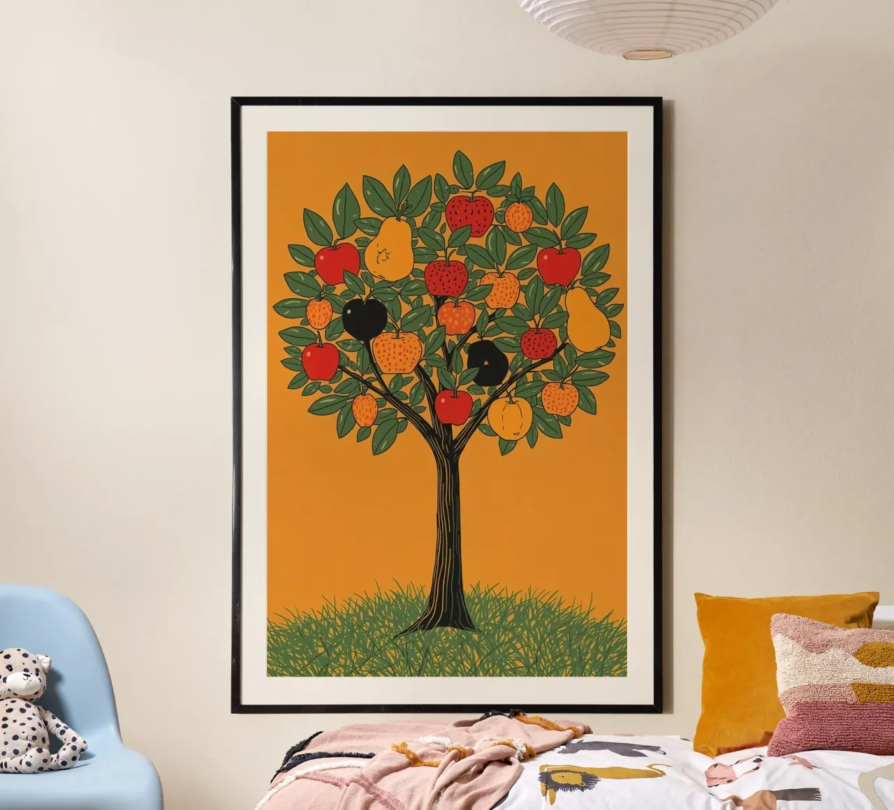 Albero da frutto con mele, pere e foglie verdi poster con telaio in plastica da DesignDoodle