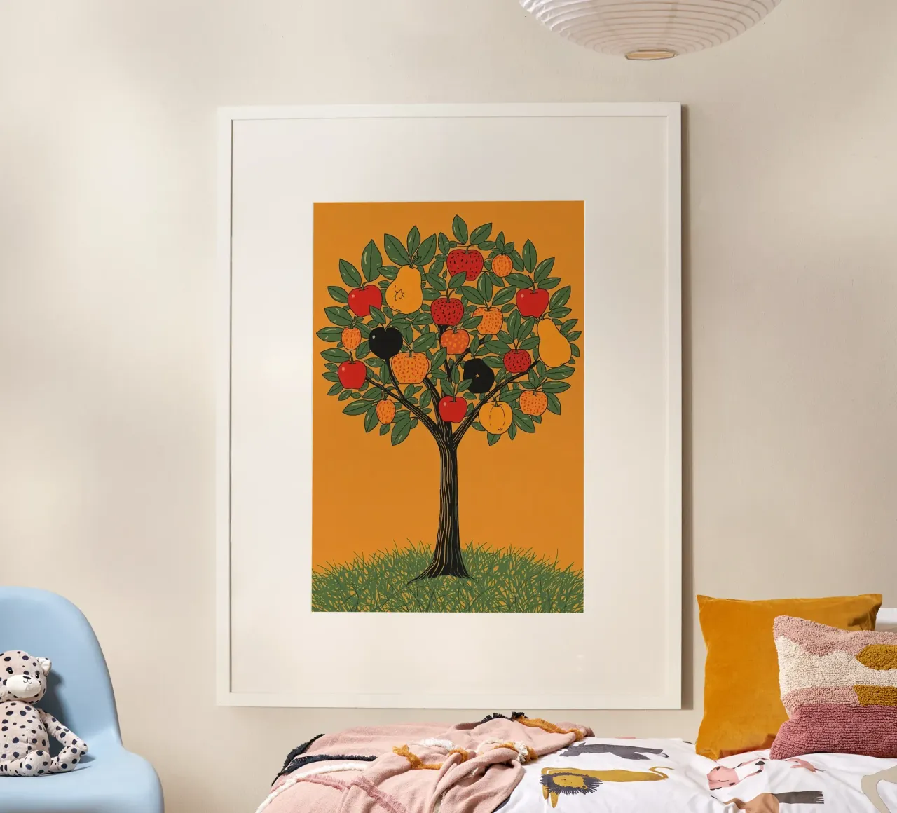 Albero da frutto con mele, pere e foglie verdi poster con telaio in plastica da DesignDoodle