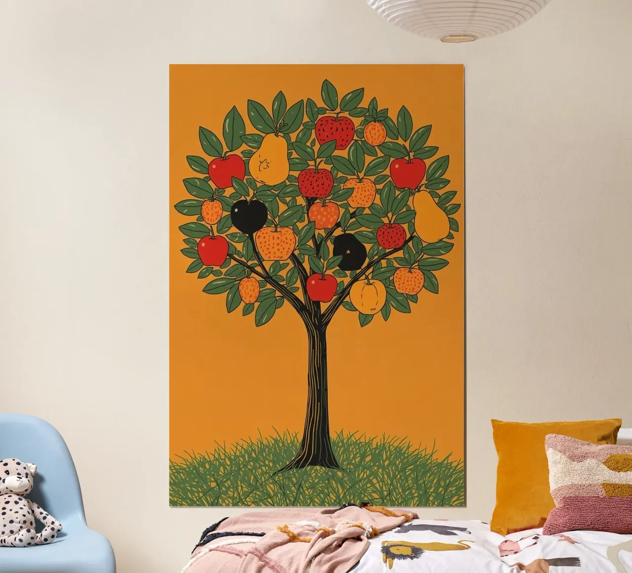 Albero da frutto con mele, pere e foglie verdi poster con telaio in plastica da DesignDoodle
