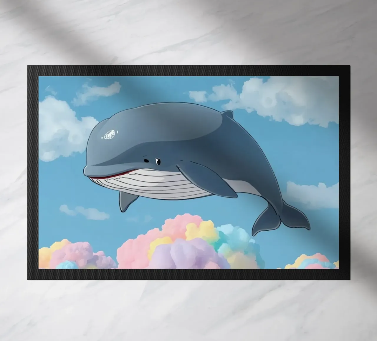 Balena grigia sopra nuvole multicolori zerbino da DesignDoodle