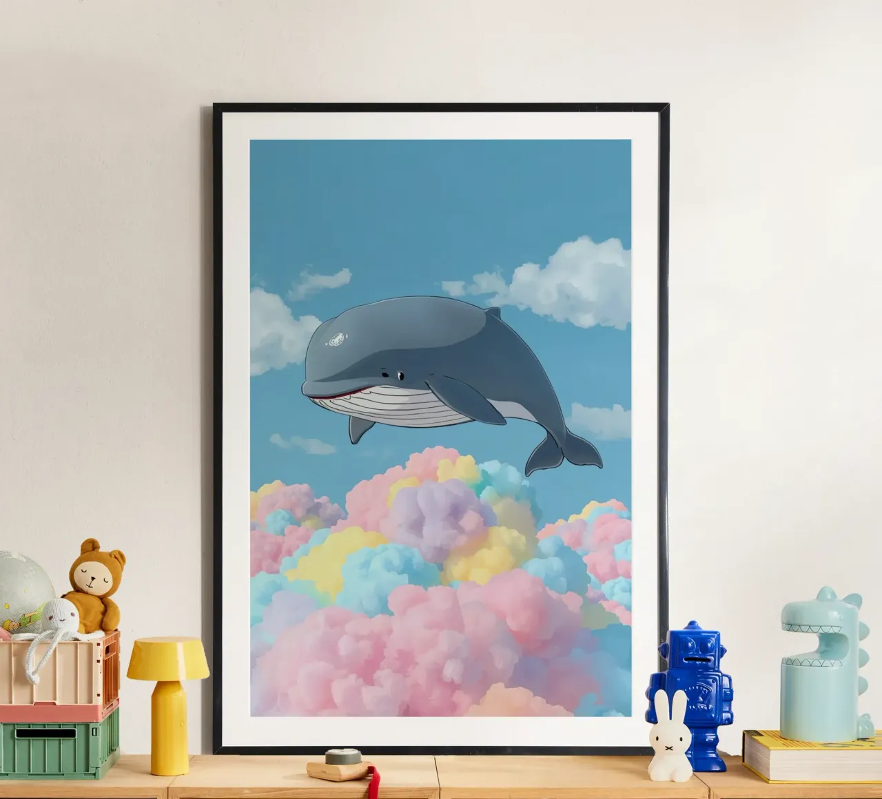 Balena grigia sopra nuvole multicolori poster da DesignDoodle