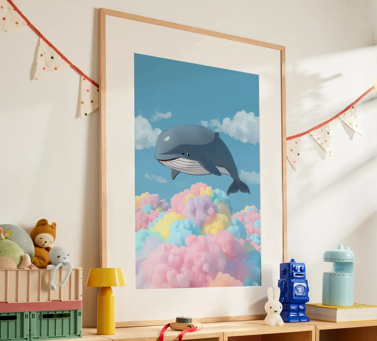 Balena grigia sopra nuvole multicolori poster da DesignDoodle