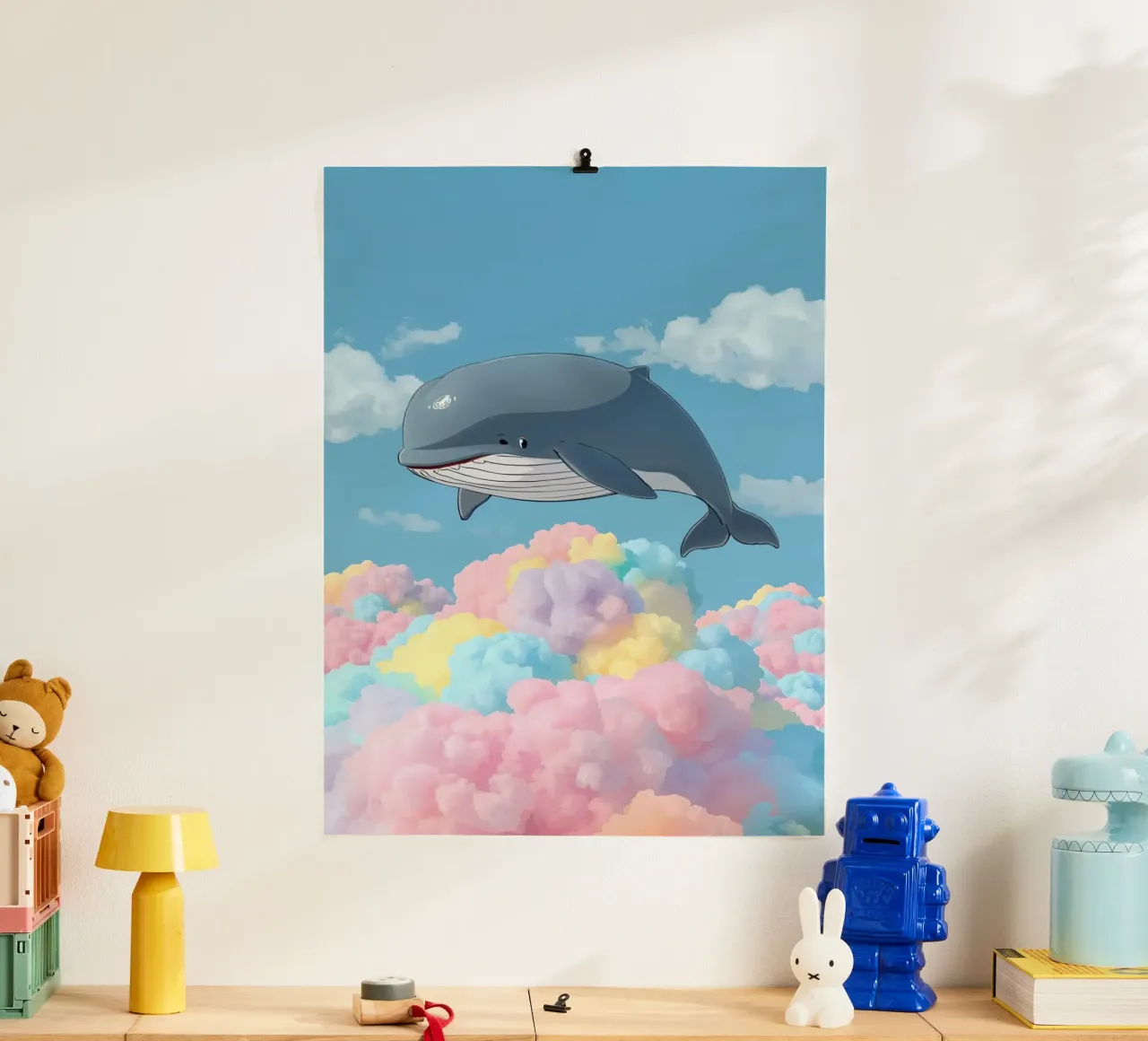 Balena grigia sopra nuvole multicolori poster da DesignDoodle