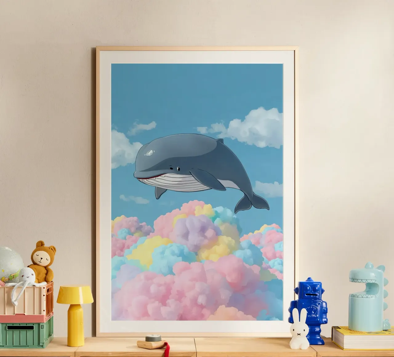 Balena grigia sopra nuvole multicolori poster da DesignDoodle