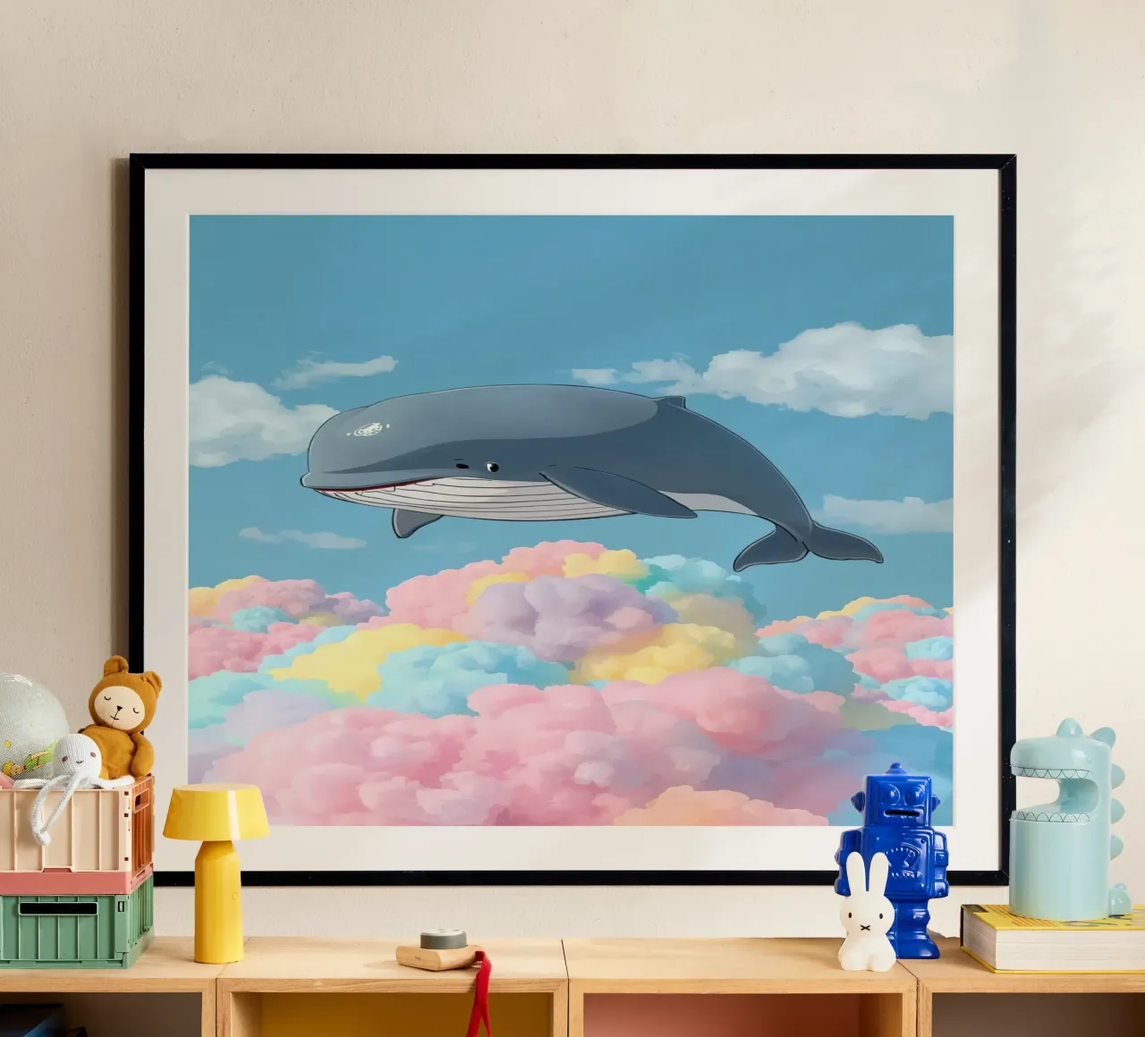 Balena grigia sopra nuvole multicolori poster da DesignDoodle