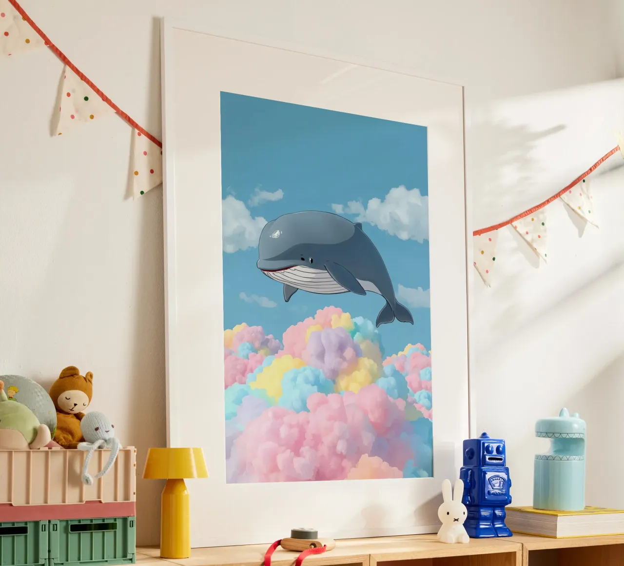 Balena grigia sopra nuvole multicolori poster da DesignDoodle
