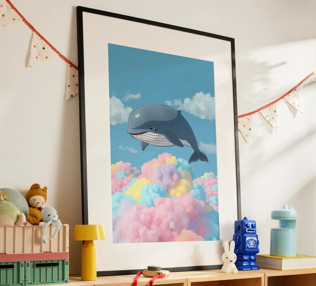 Balena grigia sopra nuvole multicolori poster da DesignDoodle