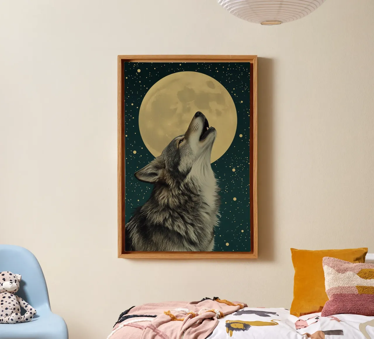 Howling Wolf in Front of Full Moon and Starry Sky canvas with Floater frame by DesignDoodle