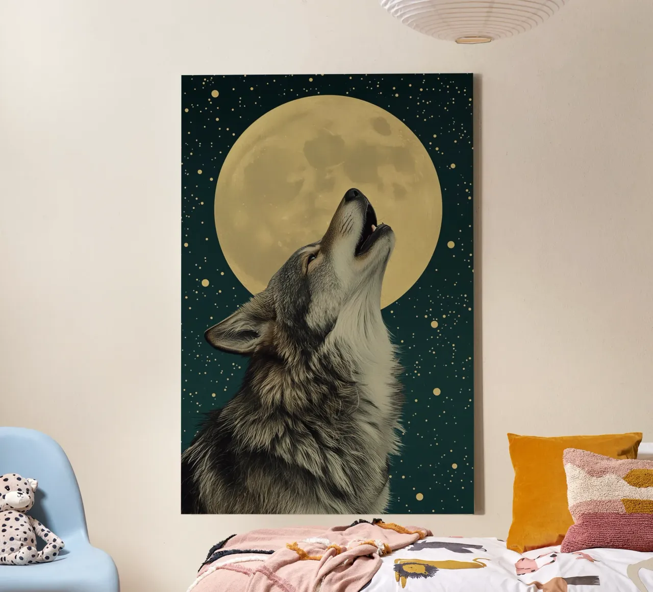 Howling Wolf in Front of Full Moon and Starry Sky canvas with Floater frame by DesignDoodle