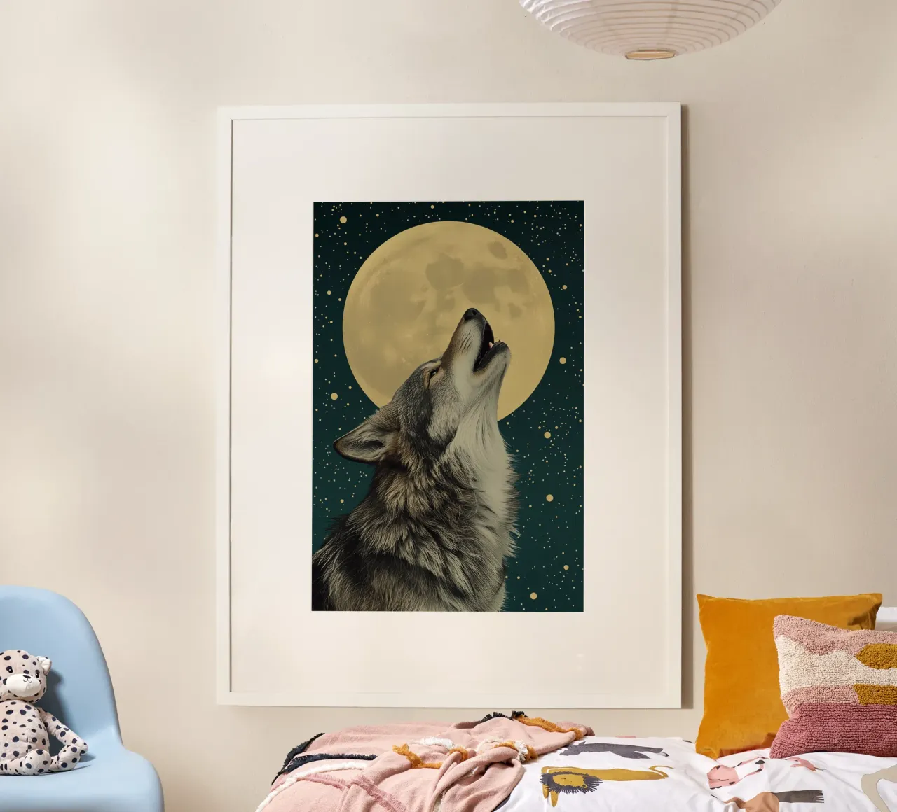 Howling Wolf in Front of Full Moon and Starry Sky poster by DesignDoodle