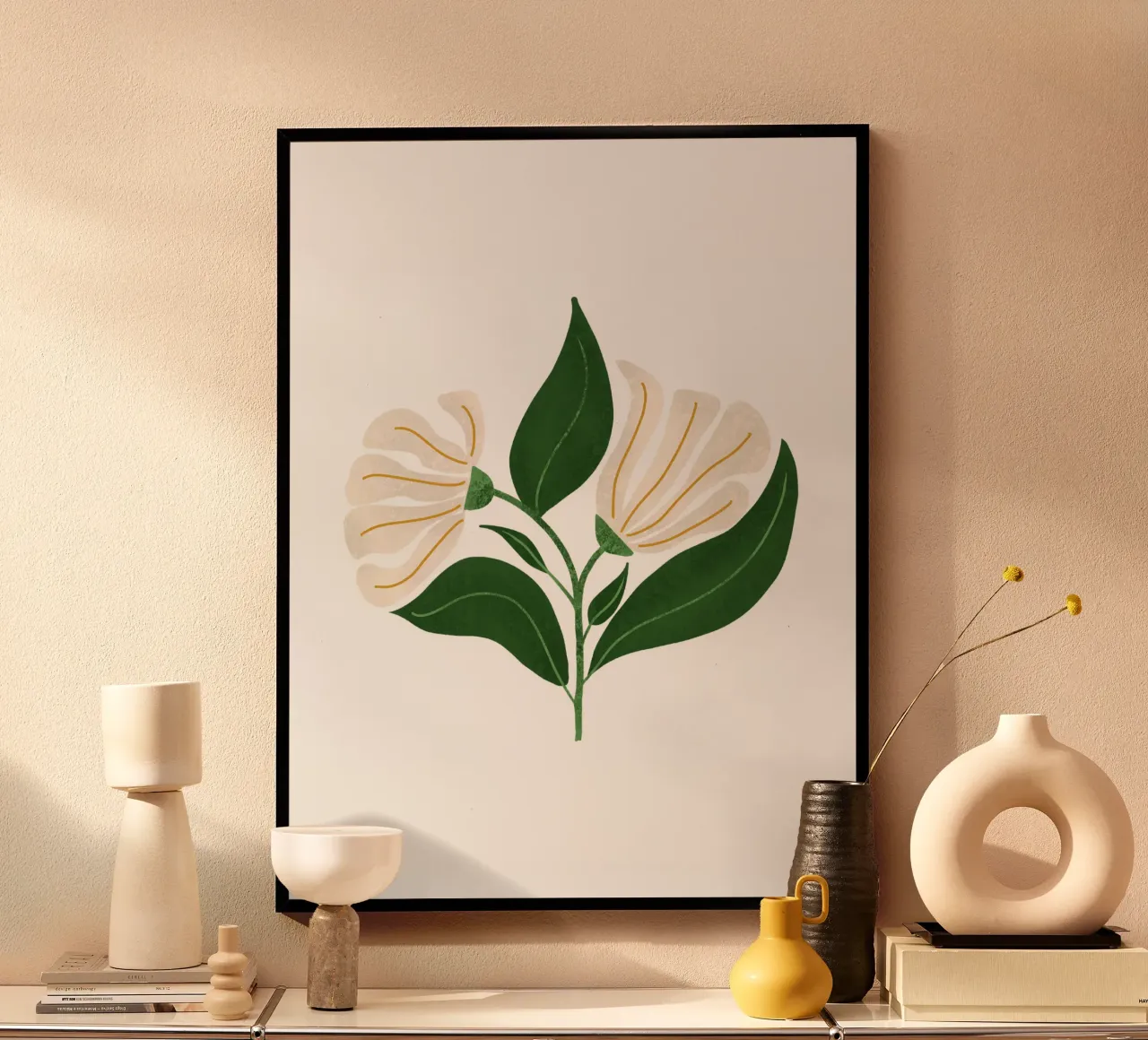 Fiori crema retrò anni '70 su blu avocado retrò - Vintage in grassetto poster con telaio in legno da susanacosta