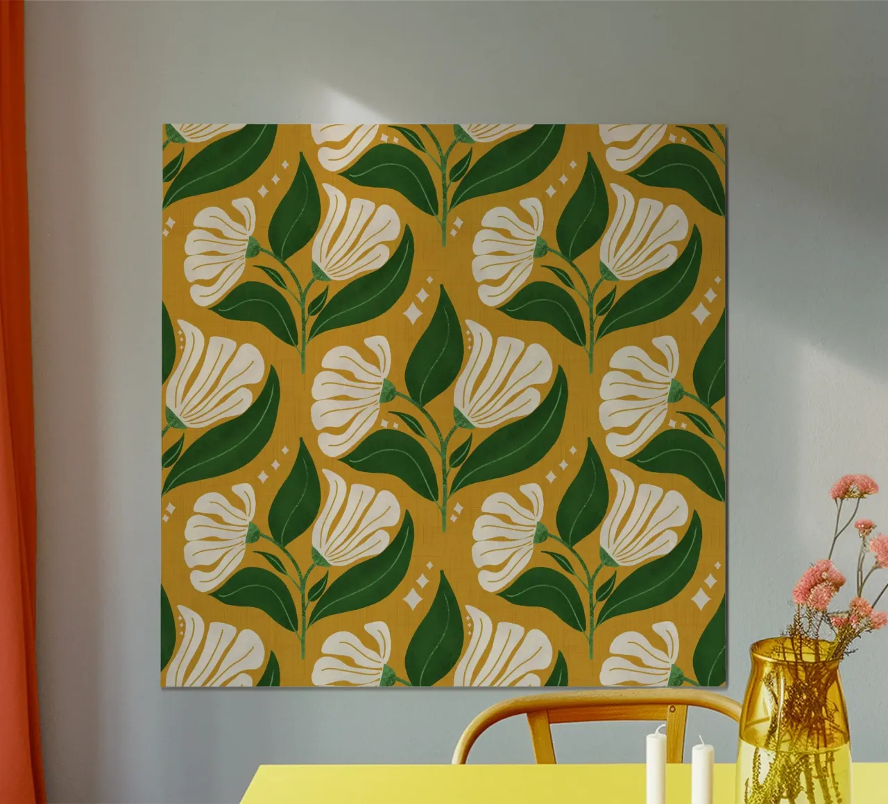 Fiori crema retrò anni '70 su giallo avocado - Vintage Flo in grassetto poster da susanacosta